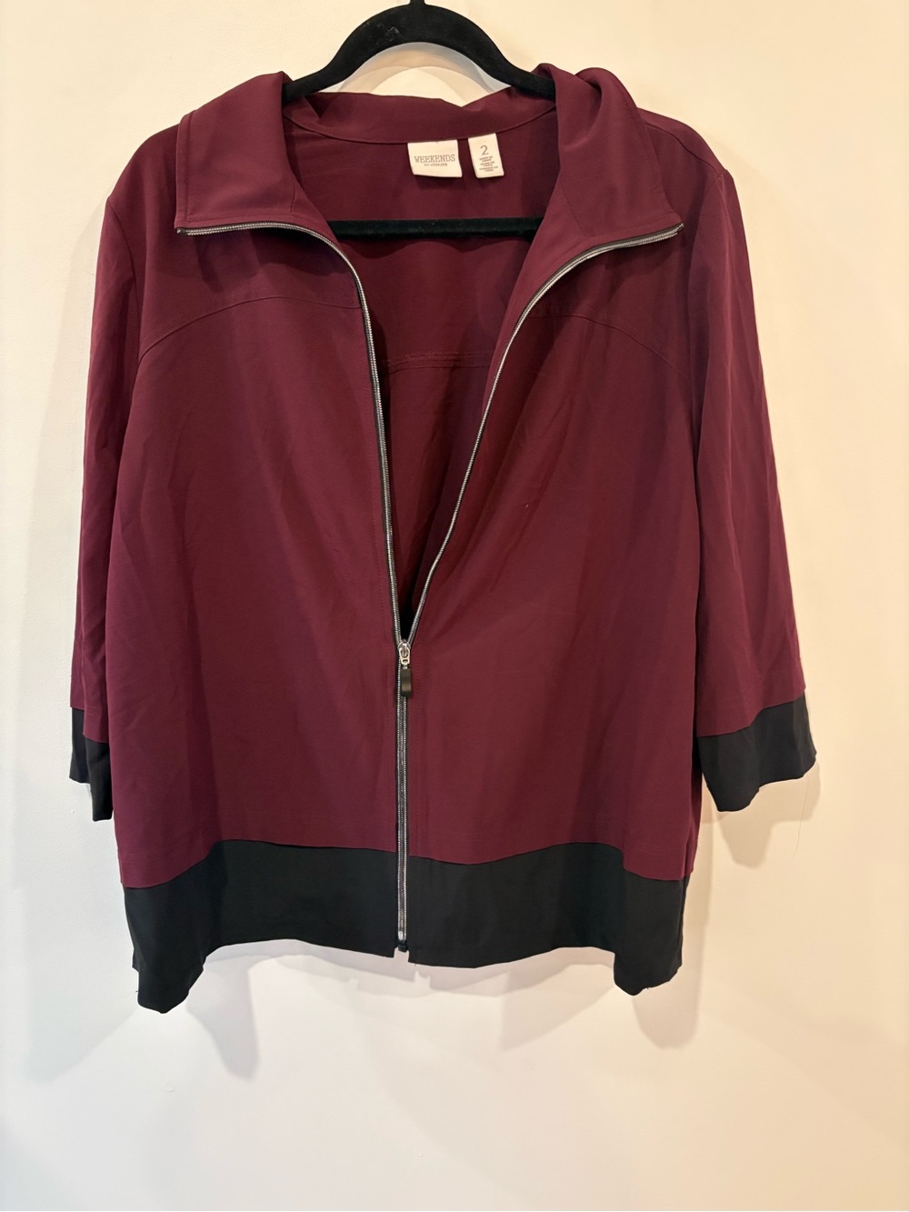 Chico's Burgundy and Black Zip-Front Bomber Jacket
